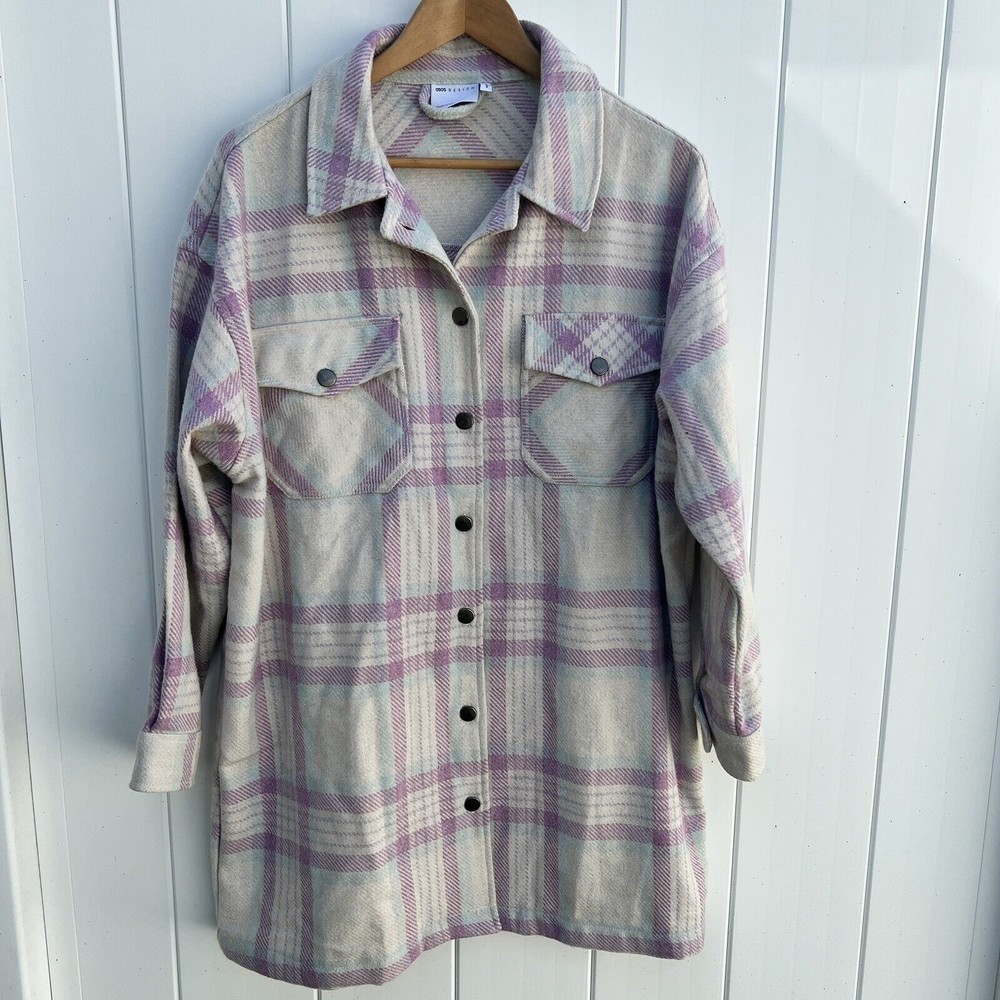 ASOS Design Plaid Pea Coat Jacket Wool Blend Button Front Beige Purple Long 8